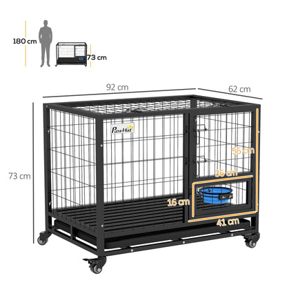 36" Heavy Duty Dog Crate on Wheels w/ Bowl Holder, Removable Tray