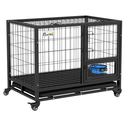 36" Heavy Duty Dog Crate on Wheels w/ Bowl Holder, Removable Tray