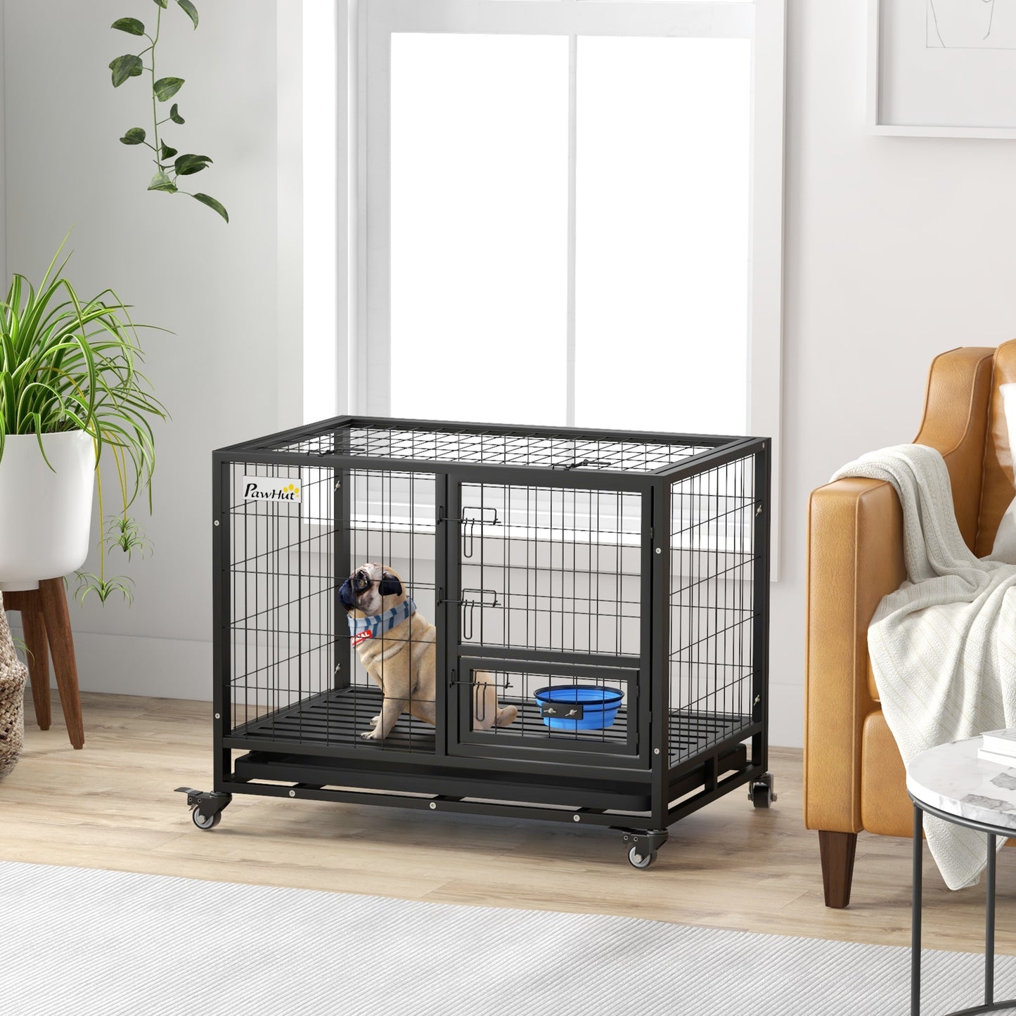 36" Heavy Duty Dog Crate on Wheels w/ Bowl Holder, Removable Tray