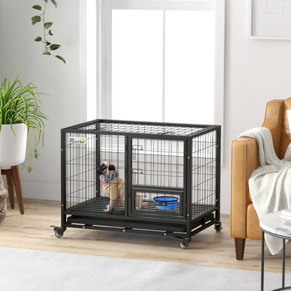 36" Heavy Duty Dog Crate on Wheels w/ Bowl Holder, Removable Tray