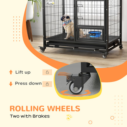 36" Heavy Duty Dog Crate on Wheels w/ Bowl Holder, Removable Tray