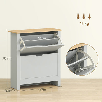 12-Shoe Storage Cabinet 4 Shelves 2 Drawers Tabletop Light Grey