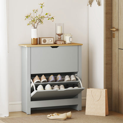 12-Shoe Storage Cabinet 4 Shelves 2 Drawers Tabletop Light Grey