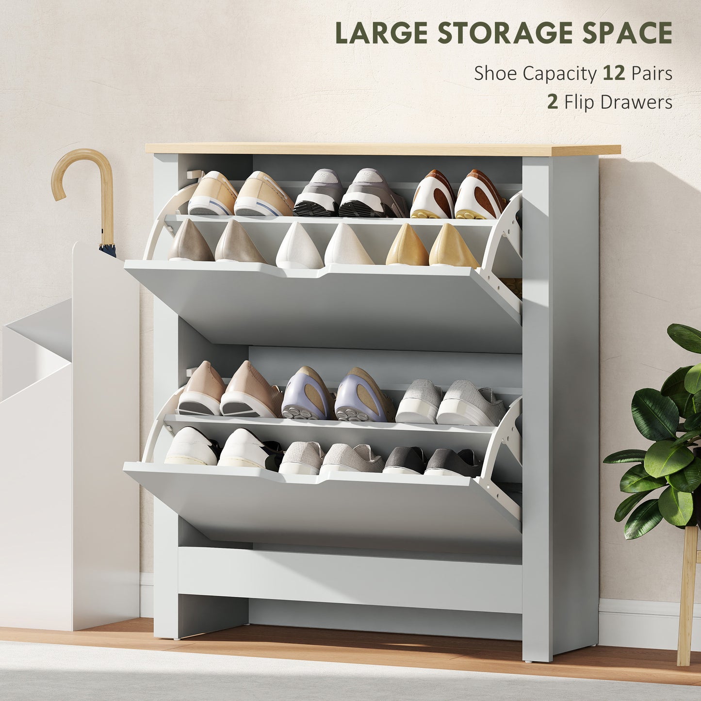 12-Shoe Storage Cabinet 4 Shelves 2 Drawers Tabletop Light Grey