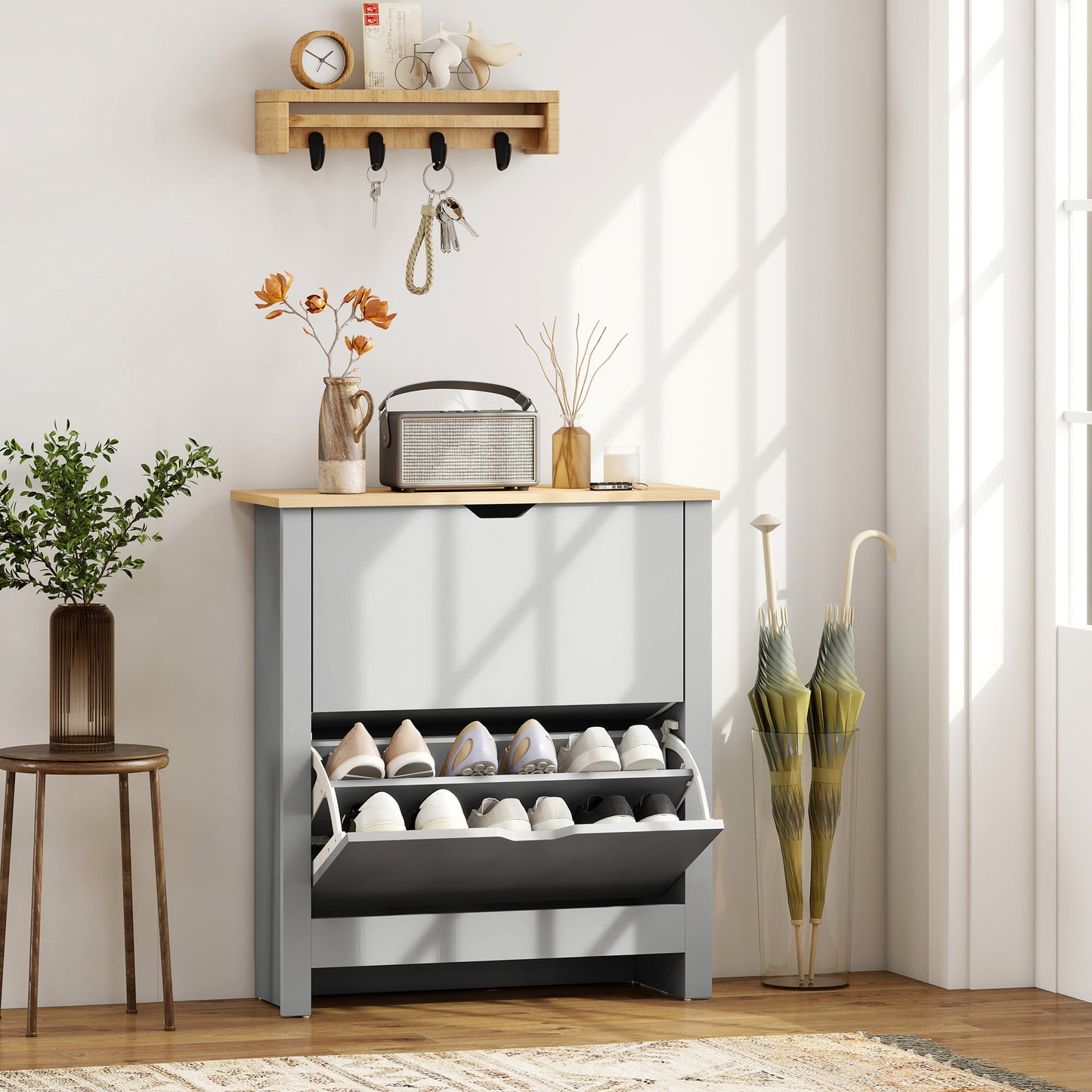 12-Shoe Storage Cabinet 4 Shelves 2 Drawers Tabletop Light Grey