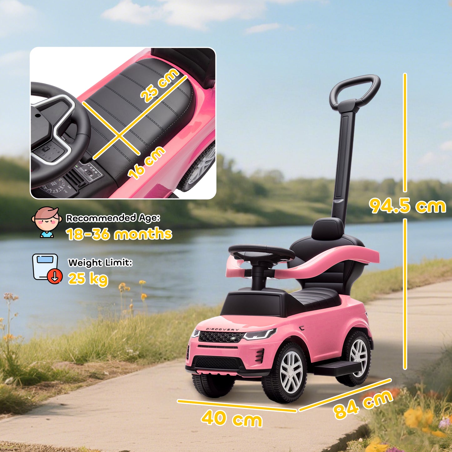 Land Rover Licensed Baby Push Car, 2-in-1 Ride on Car, Pink