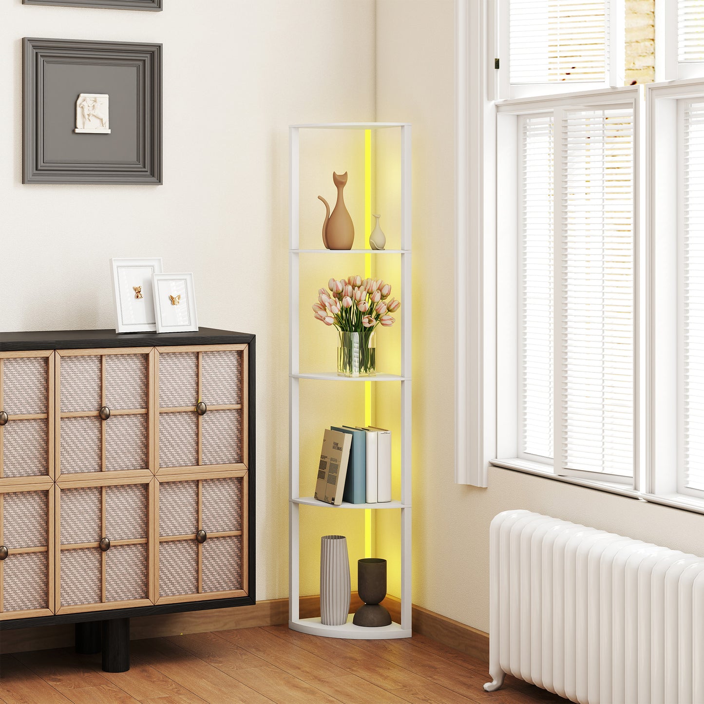 RGB LED Floor Lamp with Shelves and Remote Control for Living Room
