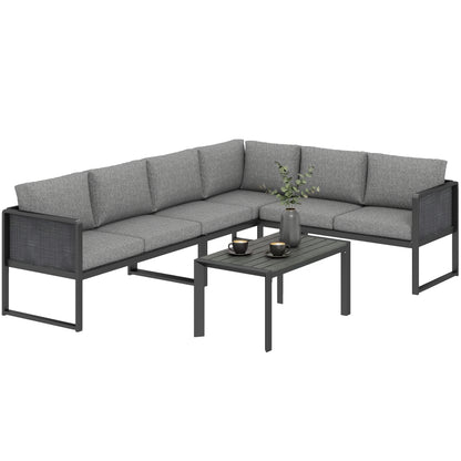 6 Seater Metal Garden Furniture Corner Sofa Set, Dark Grey