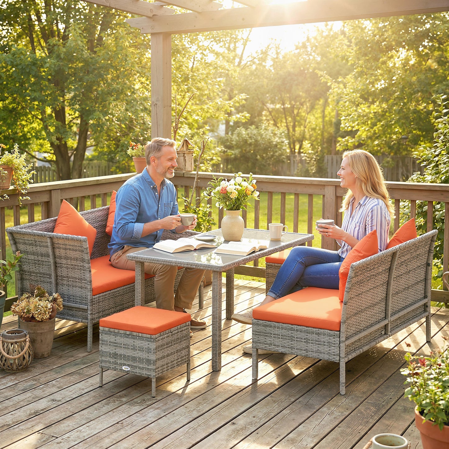 5Pcs Rattan Dining Corner Sofa Set, Garden Furniture Set, Orange