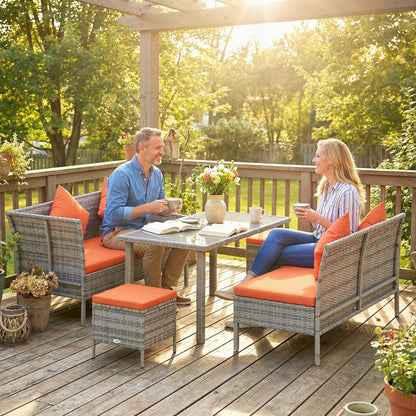 5Pcs Rattan Dining Corner Sofa Set, Garden Furniture Set, Orange