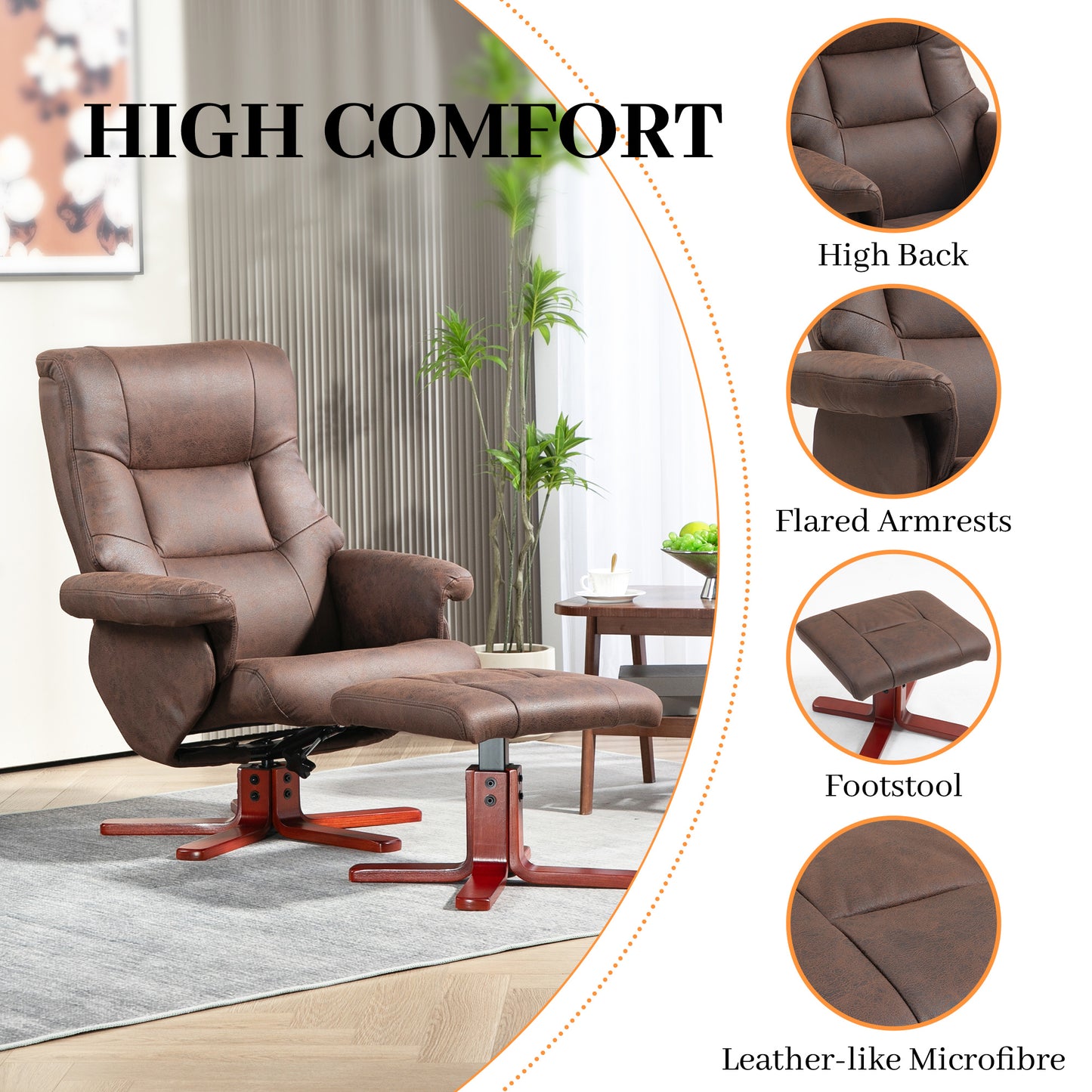 Recliner Chair with Footstool, Backrest Adjustable, Armchair, Brown