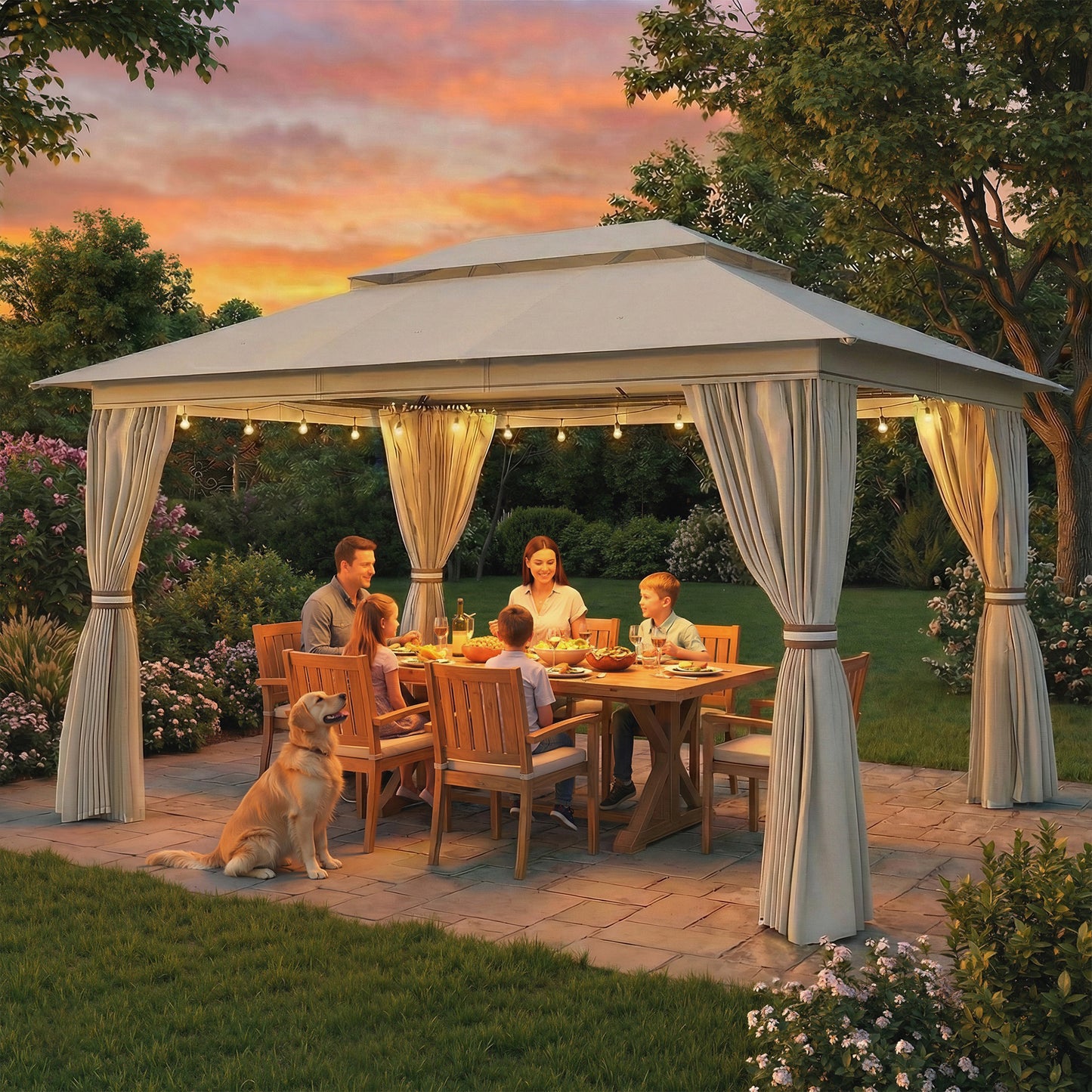 3 x 4 m Outdoor Garden Gazebo with UPF50+ Double Roof, Beige