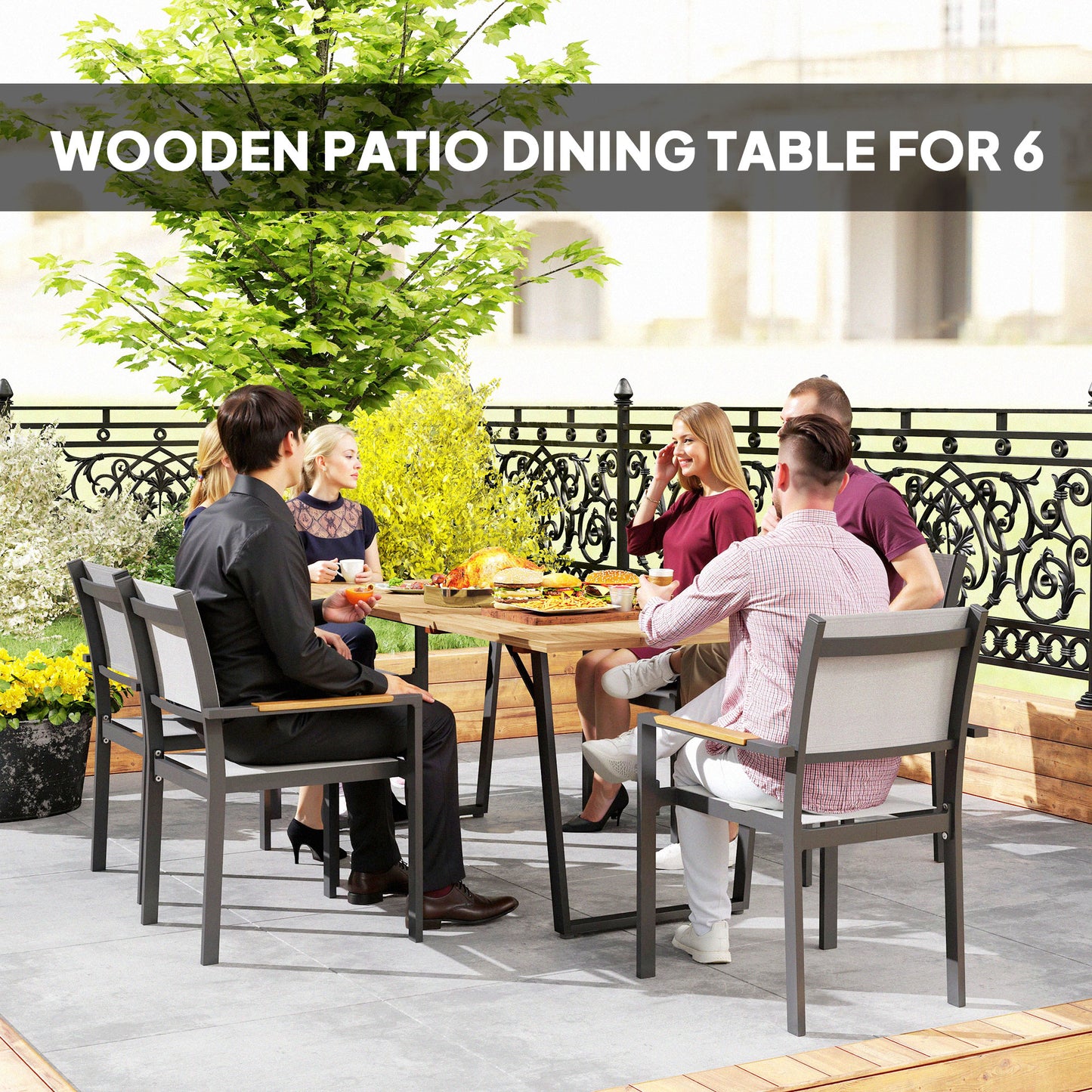 Wooden Garden Table for 6 with 5cm Parasol Hole for Balcony Terrace