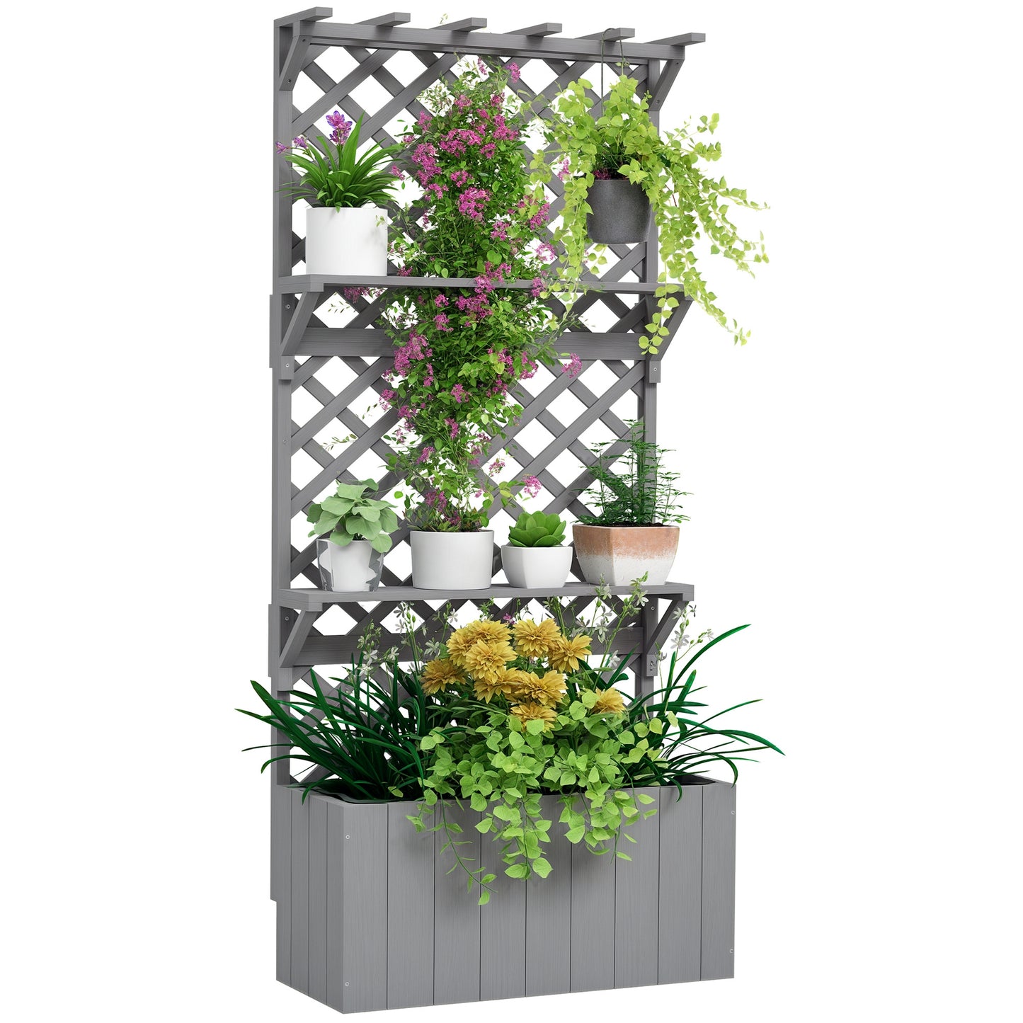Wooden Raised Planter with Trellis and 2 Shelves, Grey