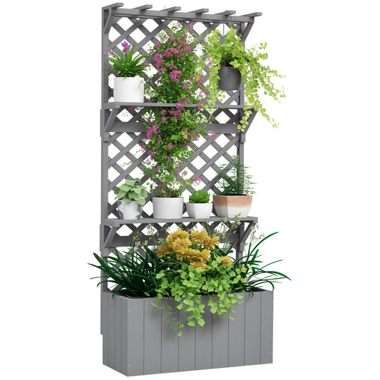 Wooden Raised Planter with Trellis and 2 Shelves, Grey
