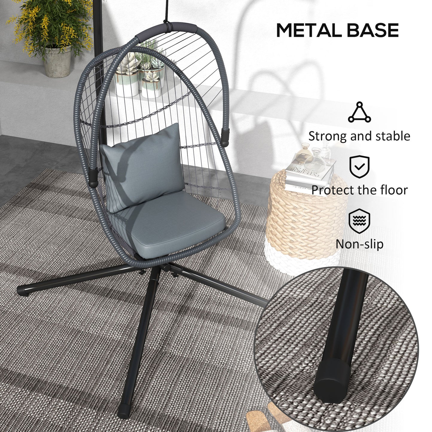 Outdoor PE Rattan Swing Chair with Cushion, Foldable Basket Patio Hanging Chair w/ Metal Stand, Rotation Spring Hook, Basket Height