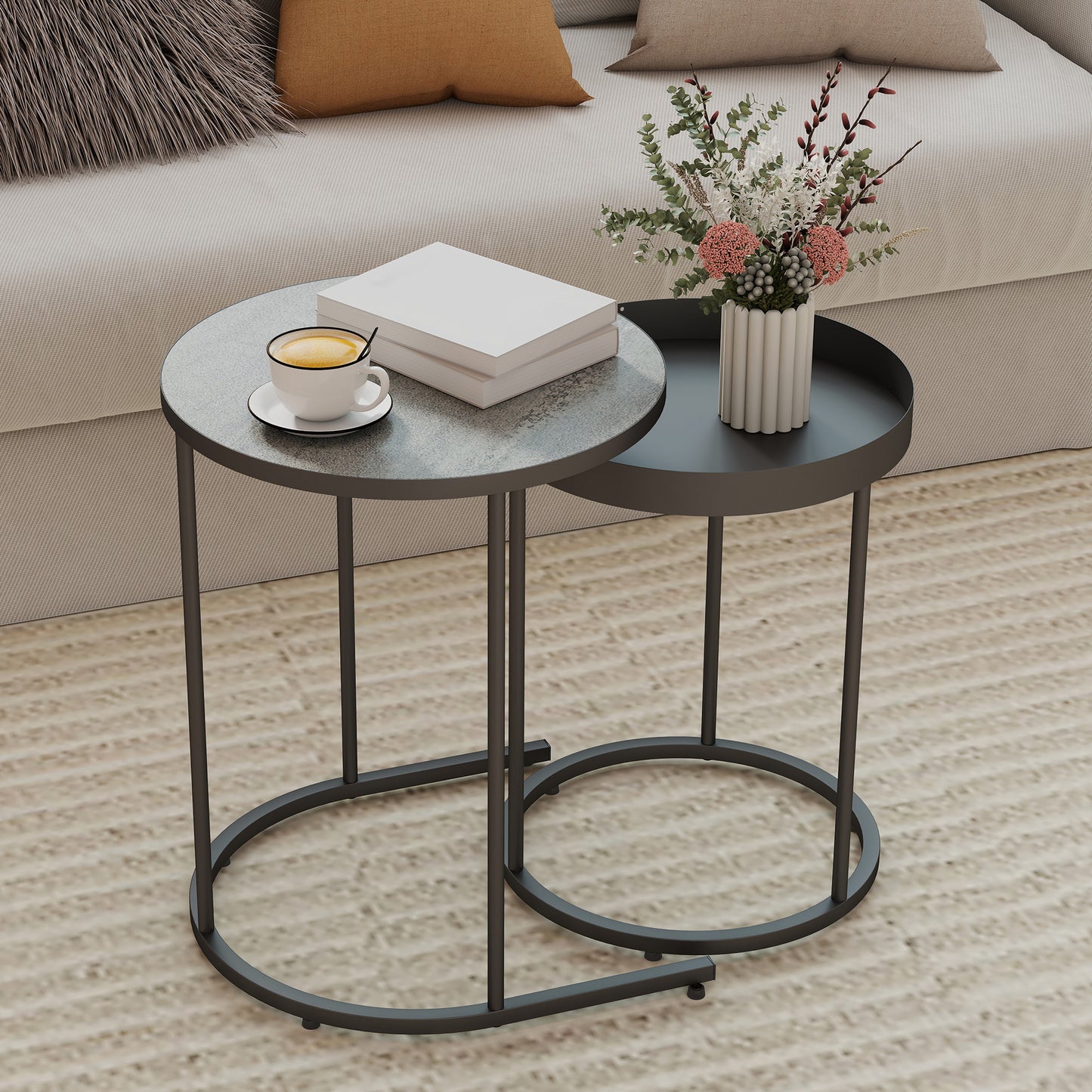 Nesting Side Table Set of 2, Industrial Round Nest of Tables, Grey