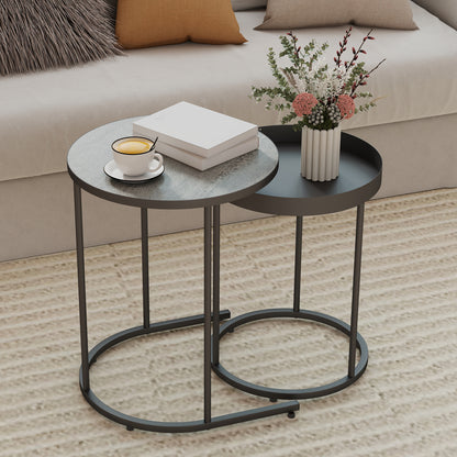 Nesting Side Table Set of 2, Industrial Round Nest of Tables, Grey