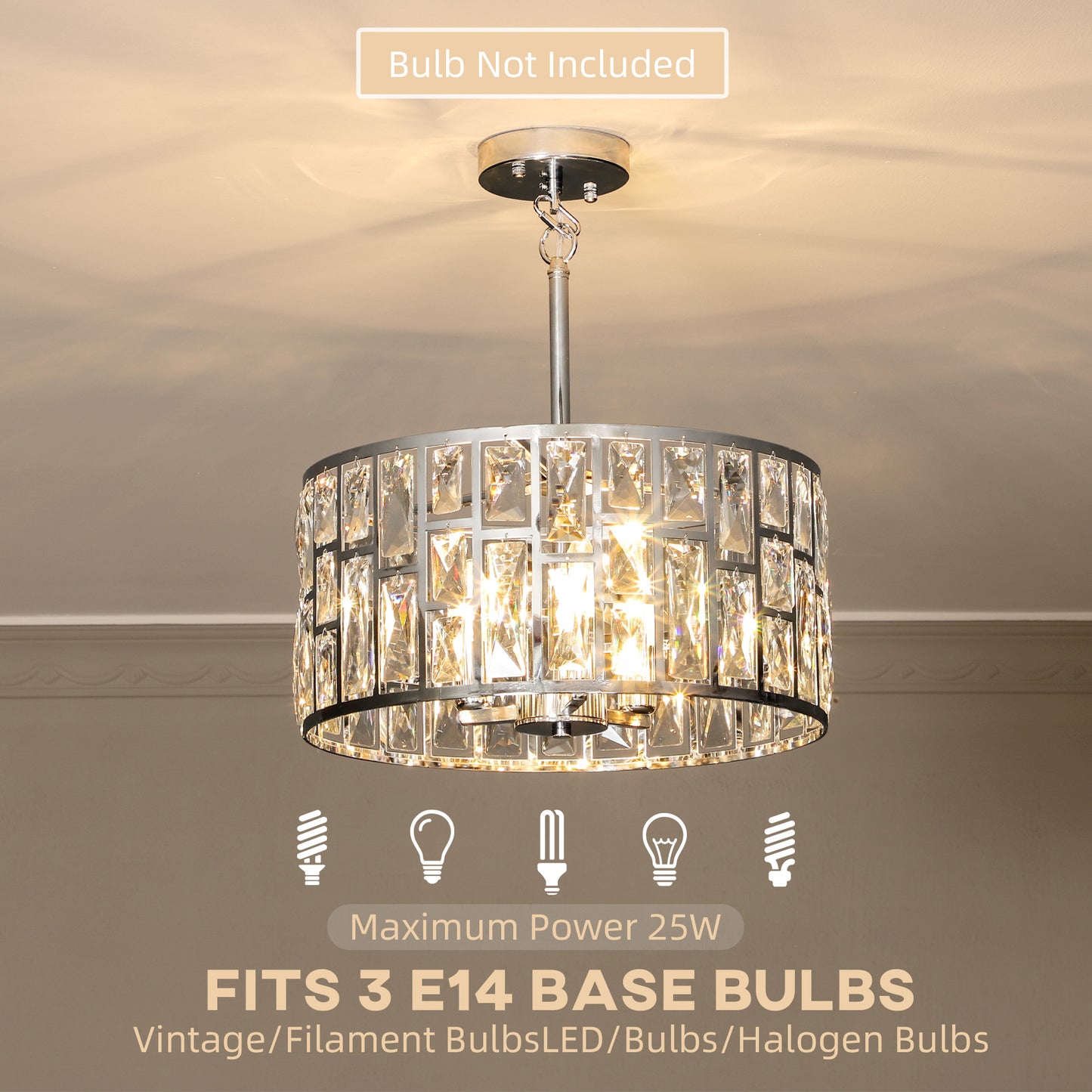 Flush Mount Ceiling Light, 3-Light Crystal Chandelier for Living Room