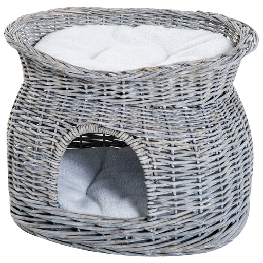 2-Tier Wicker Cat House Elevated Pet Bed Basket Willow Kitten Tower Pet Den. with Washable Cushions 56x37x40cm Grey