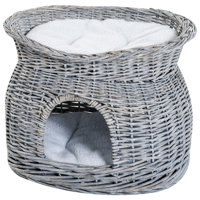 2-Tier Wicker Cat House Elevated Pet Bed Basket Willow Kitten Tower Pet Den. with Washable Cushions 56x37x40cm Grey