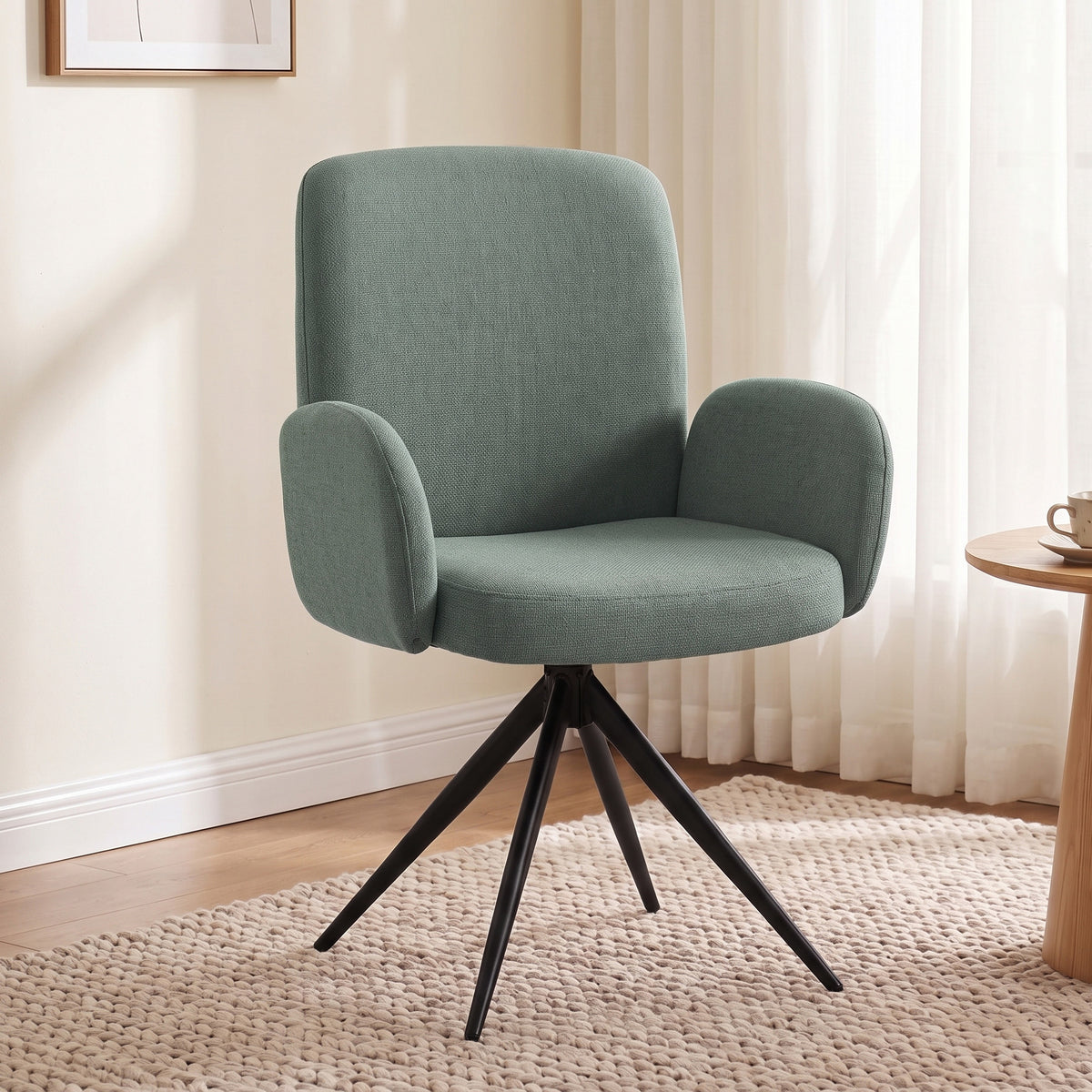 Linen-Effect Swivel Accent Chair with Curved Backrest - Light Green & Black