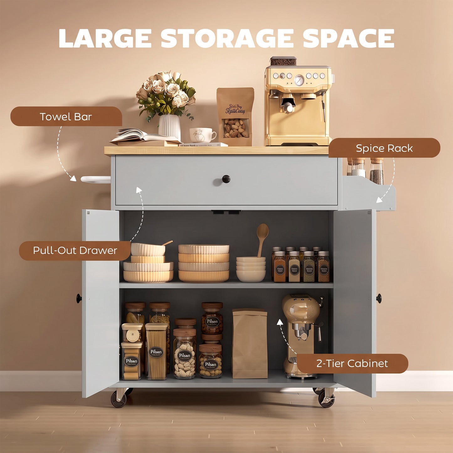 Kitchen Island with Drop Leaf, Rolling Kitchen Storage Trolley, Grey