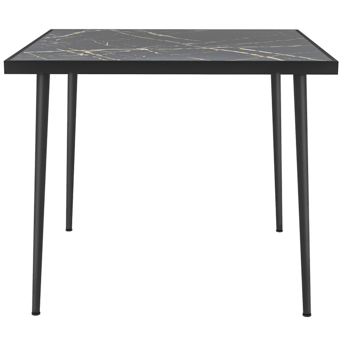 Square Garden Table, Outdoor Dining Table for 4 with Marble Effect Tempered Glass Top and Steel Frame for Patio, Black