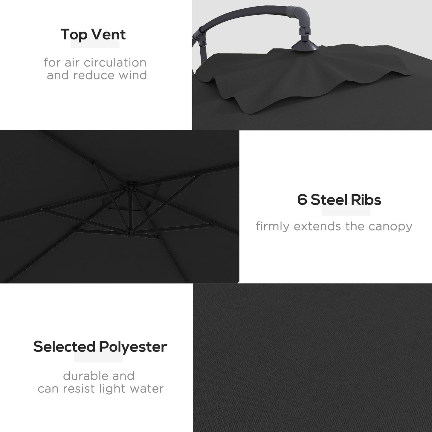 3x2m Cantilever Parasol with Cross Base, Banana Parasol with Crank Handle and 6 Ribs, Rectangular Hanging Patio Umbrella