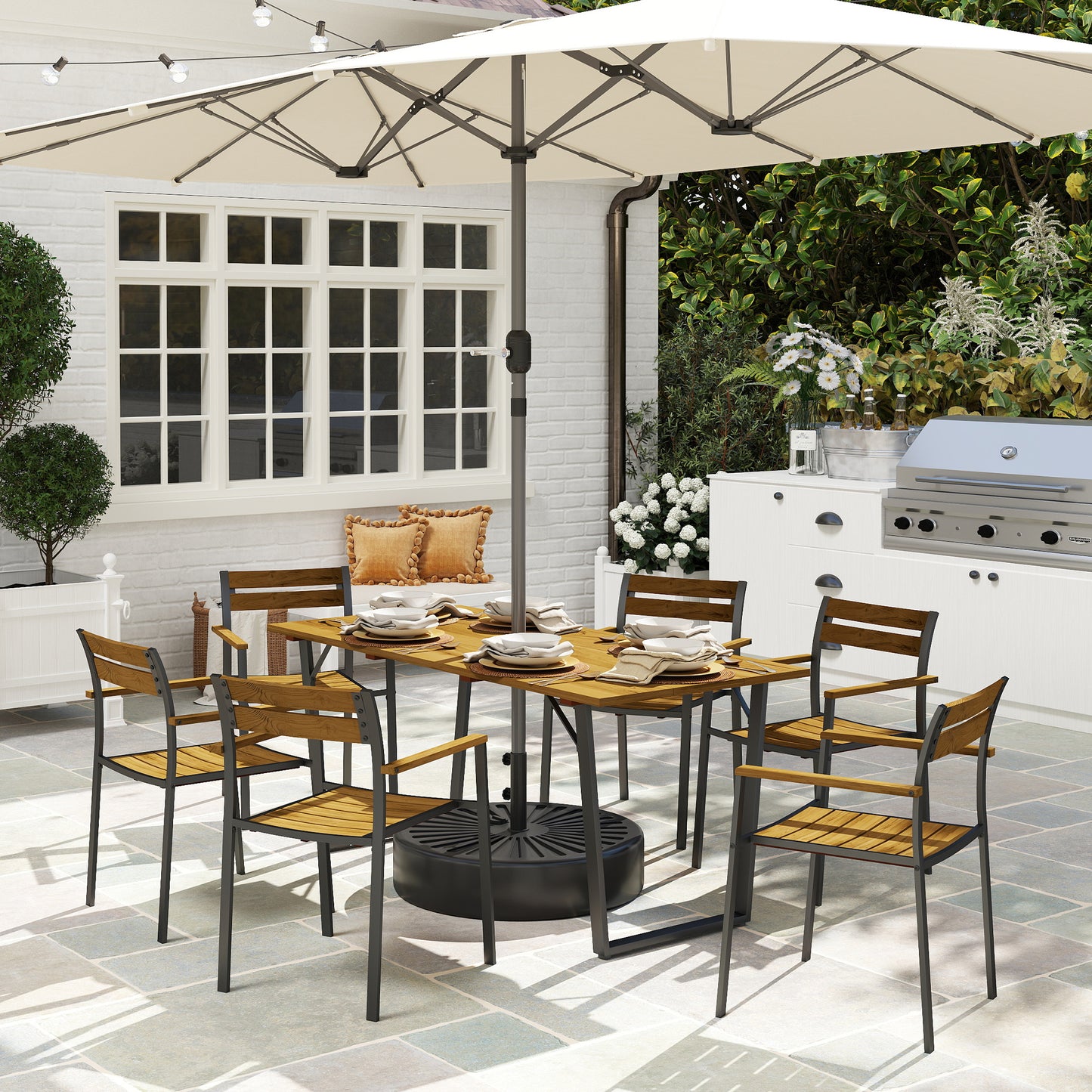 7 Piece Garden Dining Set with Table and 6 Stackable Chairs, Brown