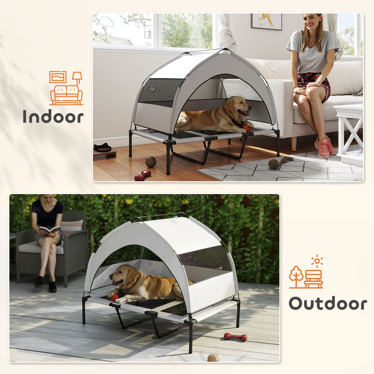 Portable Elevated Dog Bed with Removable Canopy, 106 x 76 x 94 cm