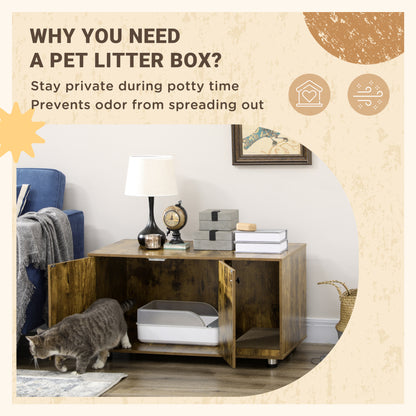 Cat Litter Box Enclosure, Hidden Cat Washroom, Decorative End Table with Double Doors, Scratching Pad, Rustic Brown