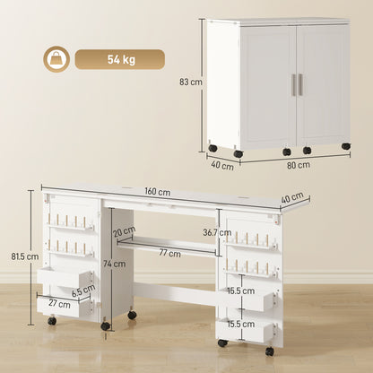 Folding Sewing Table with 2 Magnetic Doors, Rolling Craft Table with 4 Bins, 20 Pegs, Storage Shelf, Lockable Wheels, Space Saving Drop Leaf Sewing Machine Table for Small Spaces, White