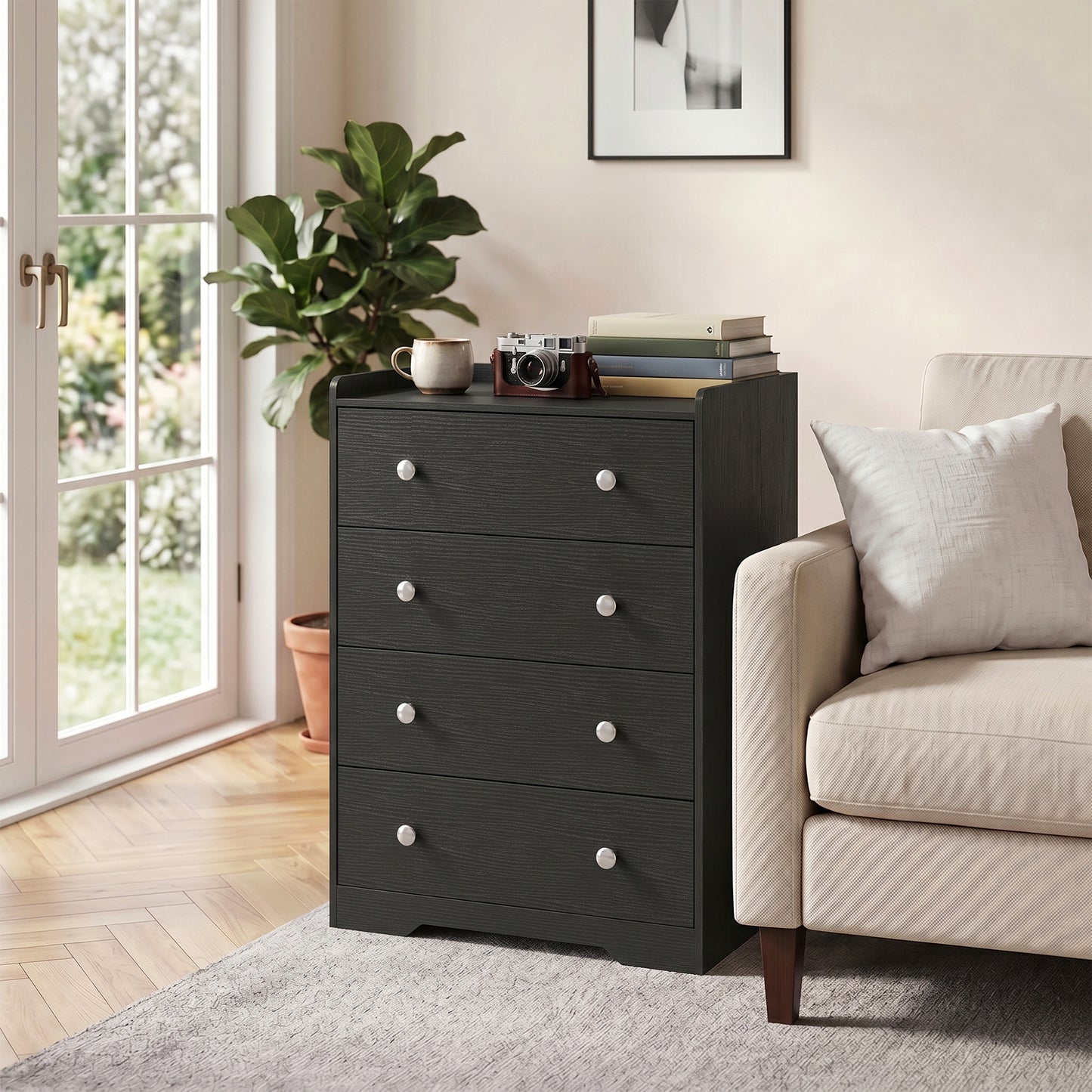 4 Drawer Chest of Drawers, Storage Cabinet, Black Wood Effect