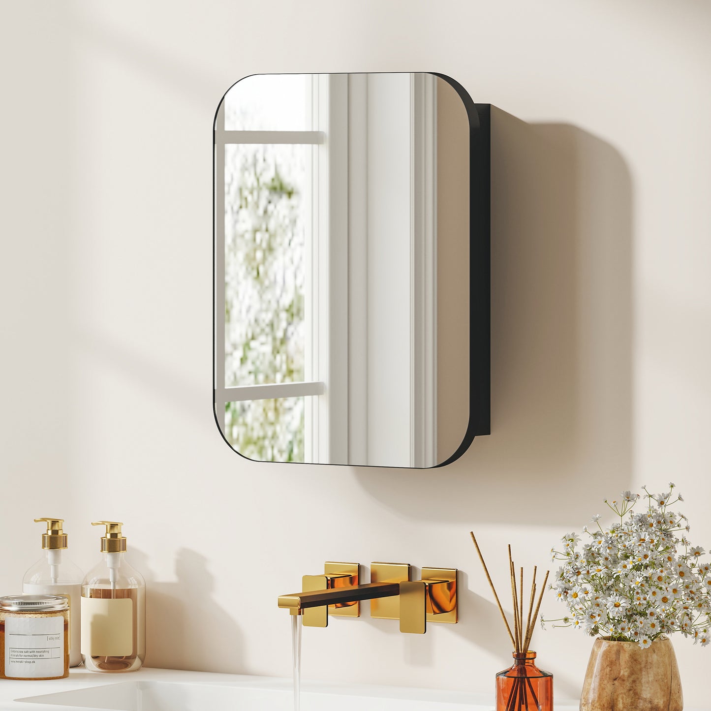Wall Mounted Bathroom Cabinet with Mirror Adjustable Shelves Black