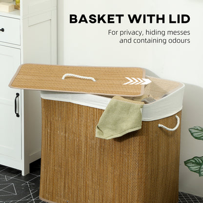 144L Laundry Basket with Lid, 3 Section Bamboo Laundry Hamper with Removable and Washable Liner, Handles, Dirty Clothes Hamper for Bathroom, Bedroom, Brown