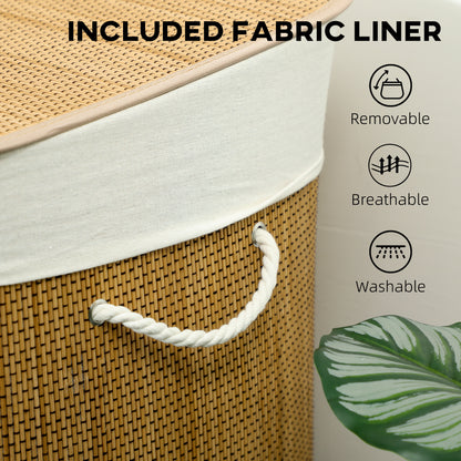 144L Laundry Basket with Lid, 3 Section Bamboo Laundry Hamper with Removable and Washable Liner, Handles, Dirty Clothes Hamper for Bathroom, Bedroom, Brown