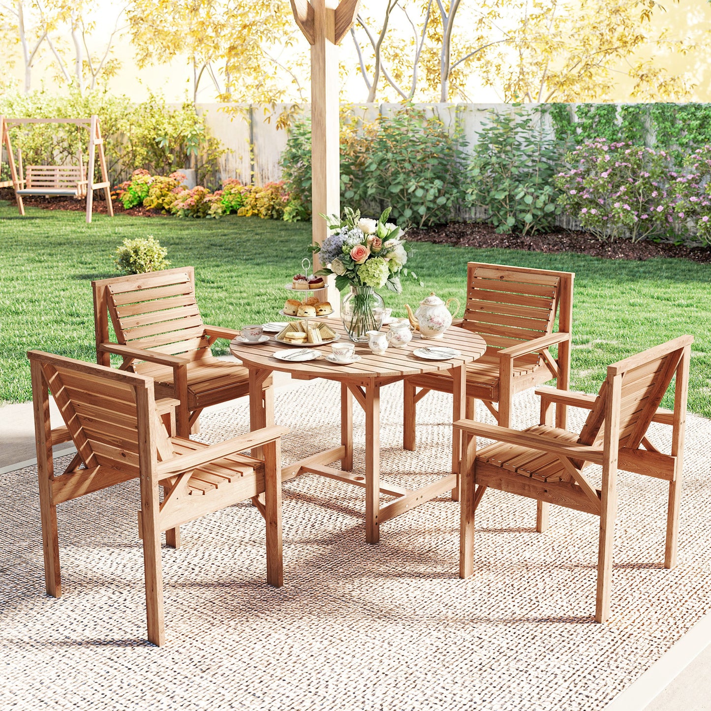 Garden Dining Set, Round Table and Chairs w/ Parasol Hole, Natural