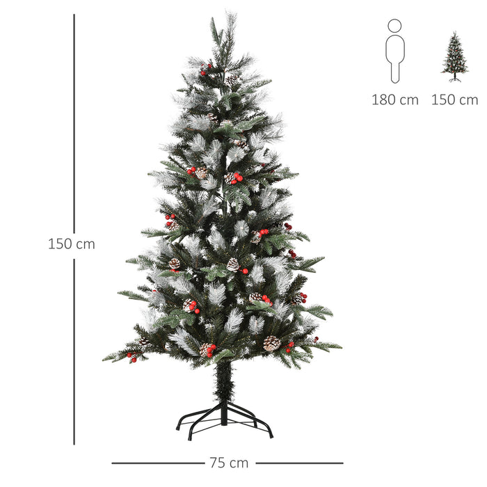 5FT Artificial Snow Dipped Christmas Tree Xmas Pencil Tree Holiday Home Party Decoration with Foldable Feet Red Berries White Pinecones, Green