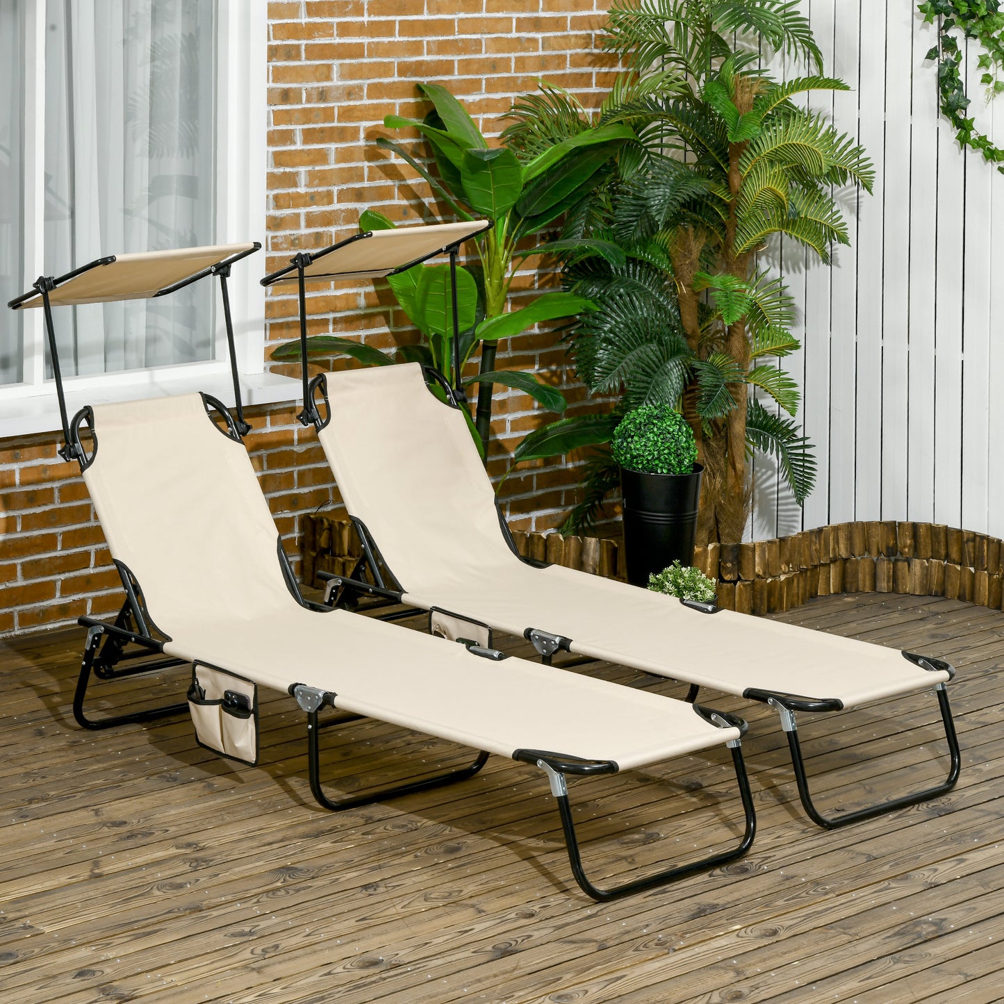 2 Piece Folding Sun Loungers with Adjustable Backrest, Tan Brown