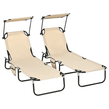 2 Piece Folding Sun Loungers with Adjustable Backrest, Tan Brown