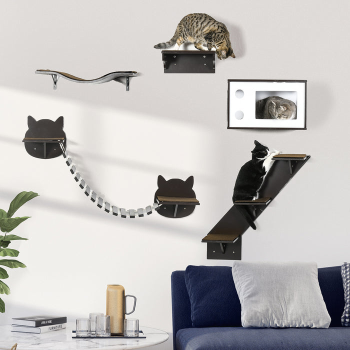 5 Pieces Cat Wall Shelves with Curved Platform, Cat Condo, Bridge, Stairs, and Perch, Wall Mounted Cat Tree for Indoor Use, Brown