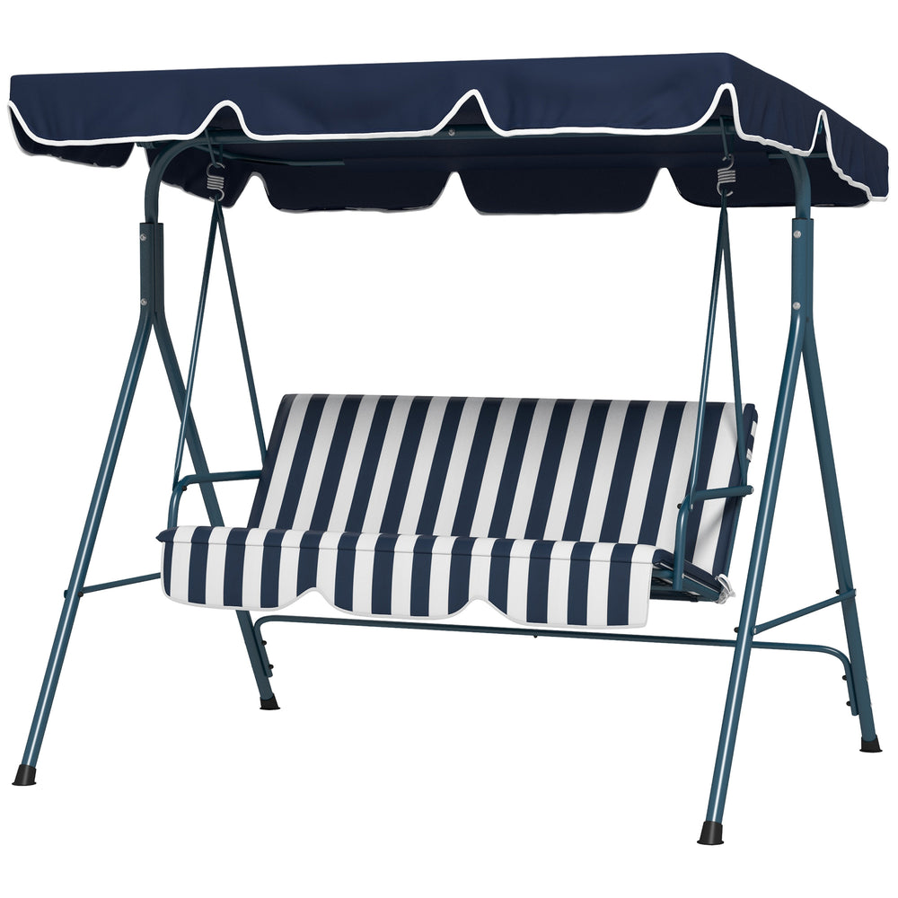 3-Seat Swing Chair Garden Swing Seat with Adjustable Canopy for Patio, Blue and White