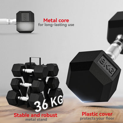 36KG Hex Dumbbell Set with Dumbbell Rack, Rubber Coated Weights -  Space-Saving for Home Gym Weight Lifting Strength Training, 2 x 2kg, 2 x 5kg, 2 x 8kg