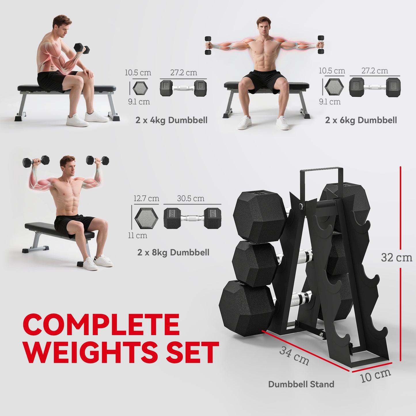 36KG Hex Dumbbell Set with Dumbbell Rack, Rubber Coated Weights -  Space-Saving for Home Gym Weight Lifting Strength Training, 2 x 2kg, 2 x 5kg, 2 x 8kg
