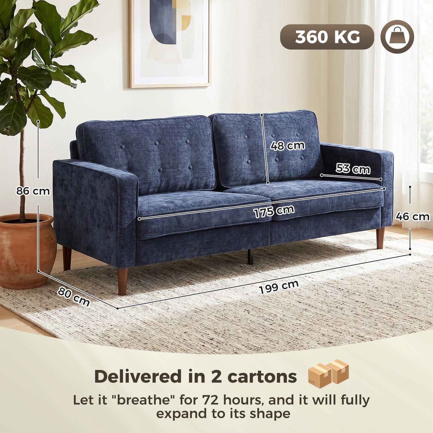 3 Seater Sofa, Velvet-Feel Fabric Upholstered Small Couch for Bedroom, Modern Sofa Settee with Padded Cushion, Button Tufting and Wood Legs for Living Room, Dark Blue