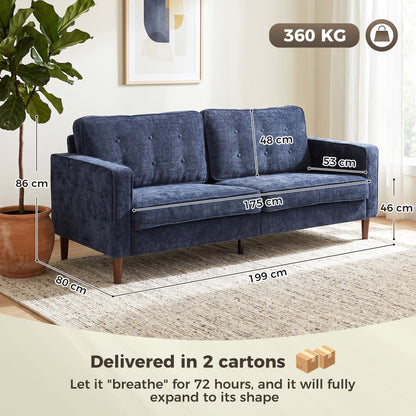 3 Seater Sofa, Velvet-Feel Fabric Upholstered Small Couch for Bedroom, Modern Sofa Settee with Padded Cushion, Button Tufting and Wood Legs for Living Room, Dark Blue