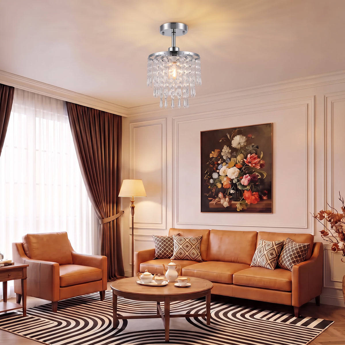 Crystal Ceiling Light with 57 Crystal Strands, Silver Tone