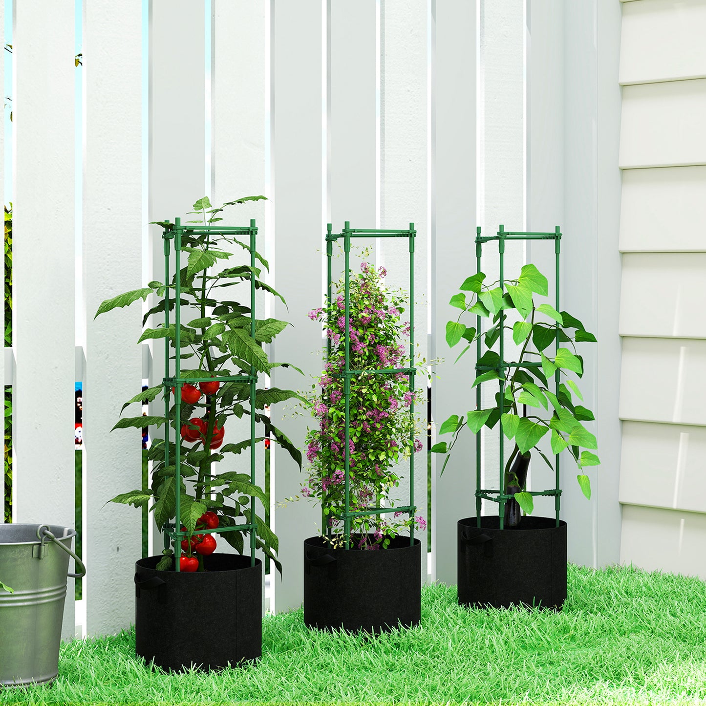 3 Packs Tomato Cages with 83.7L Grow Bags, 120cm Adjutstable Triangle Plant Stakes Support Trellis with Planter Bags, Garden Cucumber Trellis Plant Cages for Climbing Plants, Fruits
