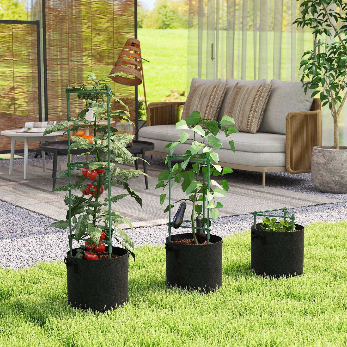 3 Packs Tomato Cages with 83.7L Grow Bags, 120cm Adjutstable Triangle Plant Stakes Support Trellis with Planter Bags, Garden Cucumber Trellis Plant Cages for Climbing Plants, Fruits